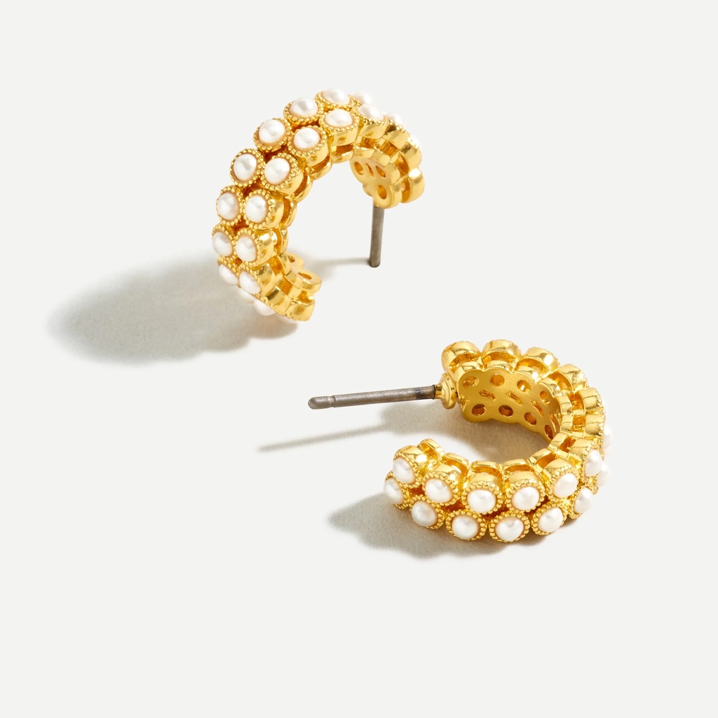 J Crew Gold Tone Pearl Bezel Hoop Earrings 28$